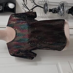 Kathy Lee, Size M Vintage Black with Rainbow Multi-Color Sequin Patterned Top
